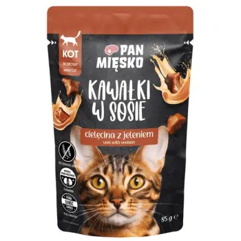 Pan Mięsko Karma mokra dla kota - cielęcina i jeleń kawałki w sosie saszetka 85g