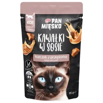 Pan Mięsko Karma mokra dla kota - kurczak i przepiórka kawałki w sosie saszetka 85g