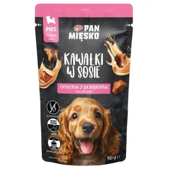 Pan Mięsko Karma mokra dla psa - Puppy cielęcina z przepiórką kawałki w sosie saszetka 150g