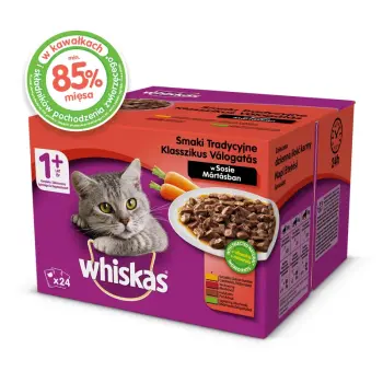 WHISKAS Adult 24x100g - mokra karma dla kotów w sosie (z kurczakiem i zielonym groszkiem, z wołowiną, z indykiem, z jagnięciną i marchewką)