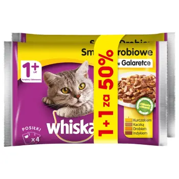 WHISKAS Adult saszetka 8x100g Smaki Drobiowe - mokra karma dla kotów w galaretce (z kurczakiem, z kaczką, z drobiem, z indykiem)