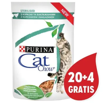 CAT CHOW Sterilised Karma z kurczakiem i bakłażanem w sosie 20+4 gratis x85g