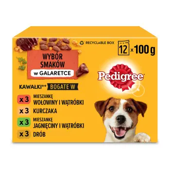 Pedigree Mokra Karma Dla Dorosłych Psów W Galaretce Z Wołowiną, Z Kurczakiem, Z Jagnięciną, Z Drobiem 12x100g