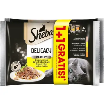 SHEBA saszetka 4x85g + 4x85g Delicacy in Jelly Smaki Drobiowe - mokra karma dla kotów w galaretce (z kurczakiem, z indykiem, z kaczką, z drobiem) 1+1