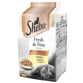 SHEBA saszetka 6x50g Fresh & Fine - mokra karma dla kotów w sosie (z kurczakiem i groszkiem, z indykiem i marchewką, z drobiem)