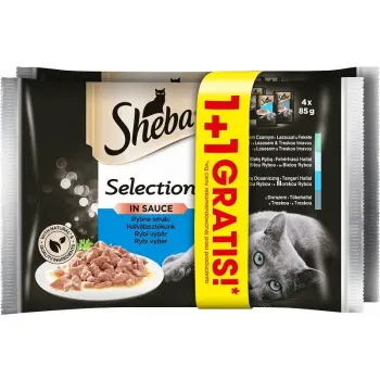 SHEBA saszetka 4x85g + 4x85g Selection in Sauce Smaki Rybne - mokra karma dla kotów w sosie (z białą rybą, z łososiem, z dorszem, z tuńczykiem) 1+1 GR