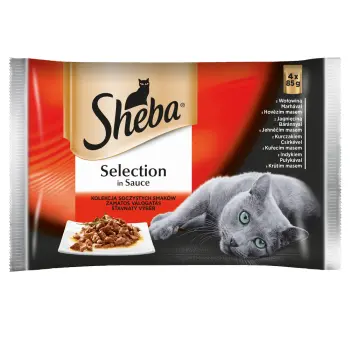 SHEBA Selection in Sauce Soczyste Smaki - mokra karma dla kotów w sosie (z wołowiną, z jagnięciną, z kurczakiem, z indykiem) 56x85g