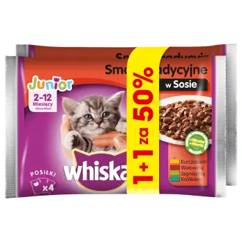 WHISKAS Junior saszetka 8x100g Smaki Tradycyjne - mokra karma dla kotów w sosie (z kurczakiem, z wołowiną, z jagnięciną, z królikiem)