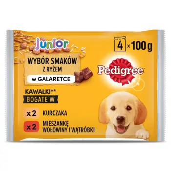 Pedigree Mokra Karma Dla Szczeniąt W Galaretce (Z Kurczakiem I Ryżem, Z Wołowiną I Ryżem) 4x100g