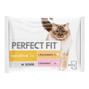 PERFECT FIT Sensitive saszetka 4x85g - mokra karma dla kota w sosie (z kurczakiem, z łososiem)