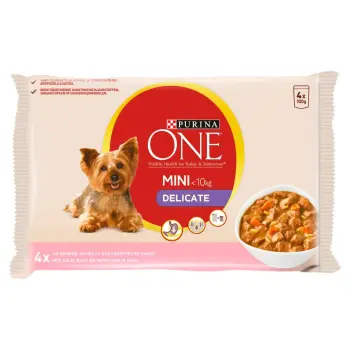 Purina One Mini Delicate Karma Dla Psów Z Łososiem, Ryżem I Marchewką W Sosie 4x100g