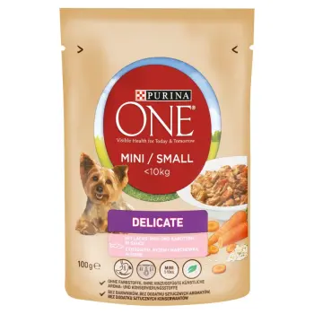 Purina One Mini Delicate Karma dla psów z łososiem ryżem i marchewką w sosie 100g