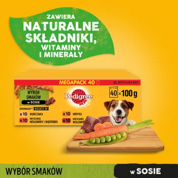 Pedigree Mokra Karma Dla Dorosłych Psów Saszetka Mix Smaków (Z Kurczakiem I Warzywami, Z Wołowiną I Warzywami, Z Indykiem I Marchewką, Z Wołowiną I Ja