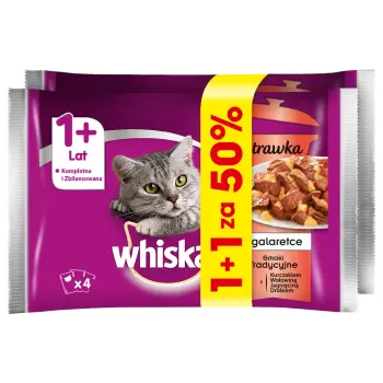 WHISKAS Adult Potrawka 8x85g Smaki Tradycyjne - mokra karma dla kotów w galaretce (z kurczakiem, z wołowiną, z jagnięciną, z drobiem) saszetka