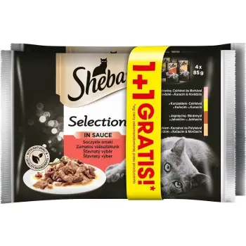 SHEBA saszetka 4x85g + 4x85g Selection in Sauce Soczyste Smaki - mokra karma dla kotów w sosie (z wołowiną, z jagnięciną, z kurczakiem, z indykiem) 1+