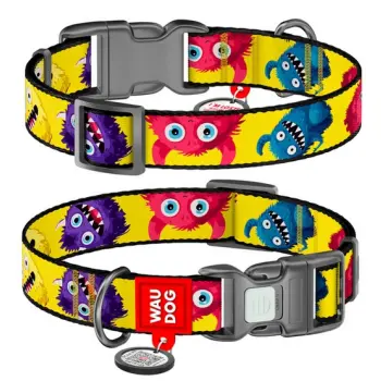 Collar WauDog Nylon Obroża nylonowa z QR-paszportem, plastikowy fastex, wzór FUTRZANE POTWORY, S 15mm/25-35cm