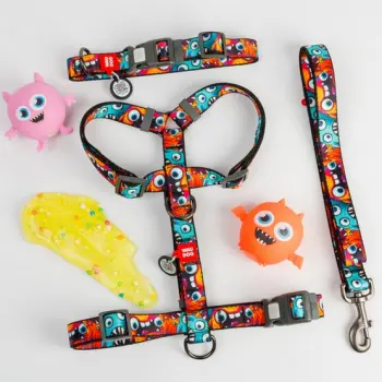 Collar WauDog Nylon Obroża nylonowa z QR-paszportem, plastikowy fastex, wzór ZĘBATE POTWORY, L 25mm/33-49cm