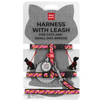 Collar WauDog Nylon Szelki se smyczą nylonowe anatomiczne w kształcie litery H, z QR-paszportem, plastikowy fastex, wzór BANANY NA RÓŻU, rozmiar XS