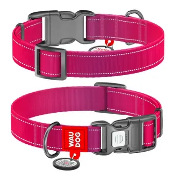 Collar WauDog Nylon Mono Obroża nylonowa odblaskowa z QR-paszportem, plastikowy fastex, S 15mm/25-35cm różowa