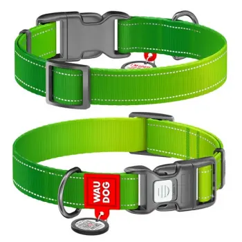 Collar WauDog Nylon Mono Obroża nylonowa odblaskowa z QR-paszportem, plastikowy fastex, M 20mm/28-40cm jasnozielona